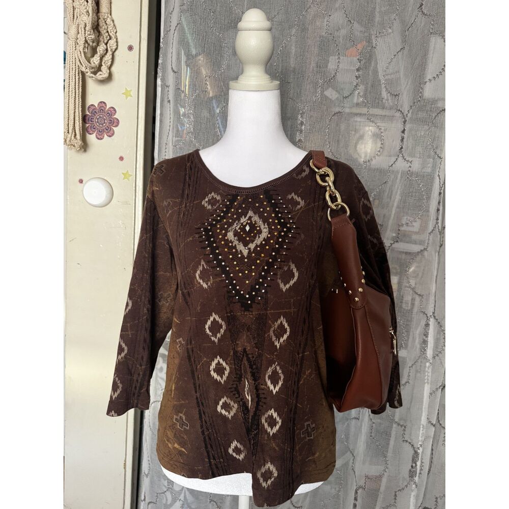 Cactus Bay Apparel XL Brown Aztec Rhinestone 3/4 Sleeve Western Y2K Top USA